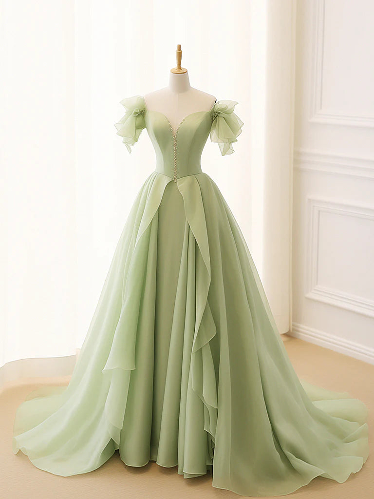 Wholesale A-Line Green Tulle Long Prom Dress Green Tulle Long Formal Dress gowns evening dresses